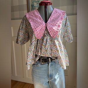Cotton Romantic Core Floral Blouse with Pink Checkered Collar Size 8